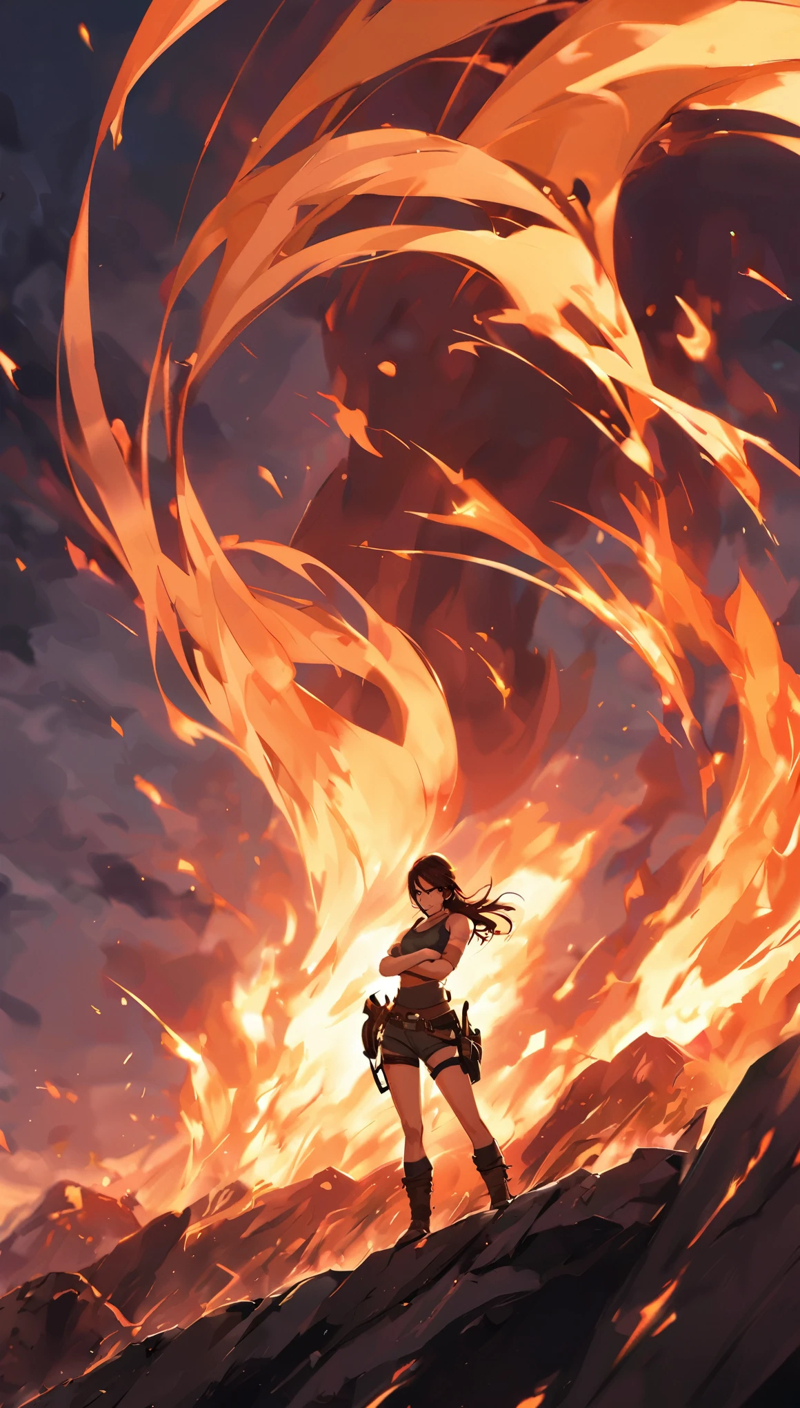 lara croft, standing, serious face expression, crossed arms, strong wind, night, fire in the background