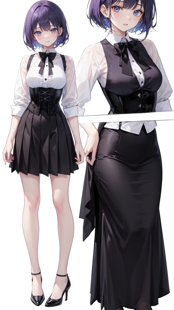 Purple Hair,short hair,Adult female,(suit),White Y-shirt,((Rolling up his sleeves)),(corset),(Black skirt),(Slim silhouette skirt),(High heels),Heels are visible,((Simple white background)),smile,((whole body)),((full body)),Character Sheet,