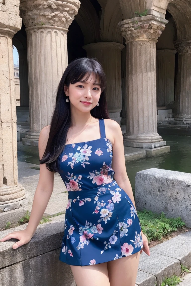 Familiar,Sharp lines,highest quality, masterpiece、ancient ruins、Dark Light、Canon Photo Crystal Clear ,（Realistically:1.2）, (Blue Floral Casual Micro Mini Skirt Dress)、Action pose、Plump figure、Take a full body photo、Lazy smile、Attractive appearance、Semi-long hair