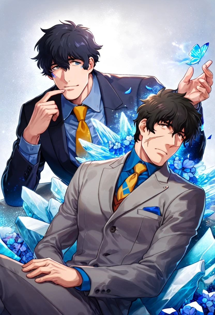 Ultra detailed, HDR, Highres, absurdres, master piece, Steven A. Starphase, black hair, expressive brown eyes, scar on his left cheek, Kekkai Sensen, blue glittering butterflies, petals, fantasy, blue flowers, sexy man, extremely detailed face and eyes, handsome, glittering, grey clothes, yellow necktie, blue shirt, blue flames, cross, radiant, ice, sitting, grey pants,