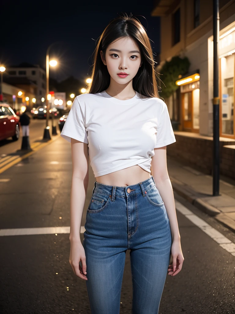 real photograph，tmasterpiece，araffed asian woman in white top and jeans standing on sidewalk, There are street lights on the streets，gorgeous korean young woman, beautiful Korean young women, beautiful Korean women, Korean girl, korean women's fashion model, taken with canon eos 5 d mark iv, Korean woman, A young Asian woman, Young Asian girl, heonhwa choe, jaeyeon nam, Young Asian woman,There are street lights in the back，There is light shining on the hair