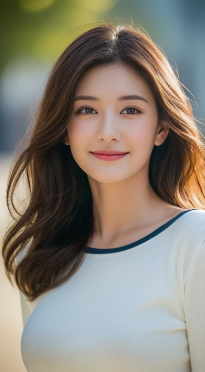  Brown-haired woman 30 years old、Dirty、Lens flare、(8k、to be born、Professional、highest quality、masterpiece:1.2)、(Realistic、Photorealistic:1.37)、Very detailed、(Best detailed skins:1.2)、(Ultimate detailed face:1.2)、Cinema Lighting、1 female、Japanese、Brown Shortcut、(the wind is strong)、Warm White Light、A shy smile、Photographed from the front、((highest quality、8k、masterpiece:1.3))、Beautiful woman with perfect figure:1.4、、((Dark brown hair、Big Breasts:1.2))、Very detailedな顔と肌の質感、Detailed eyes、double eyelid、Big Breasts、gender　Wearing a plain white crew neck T-shirt　Tokyo　whole photo　Beach