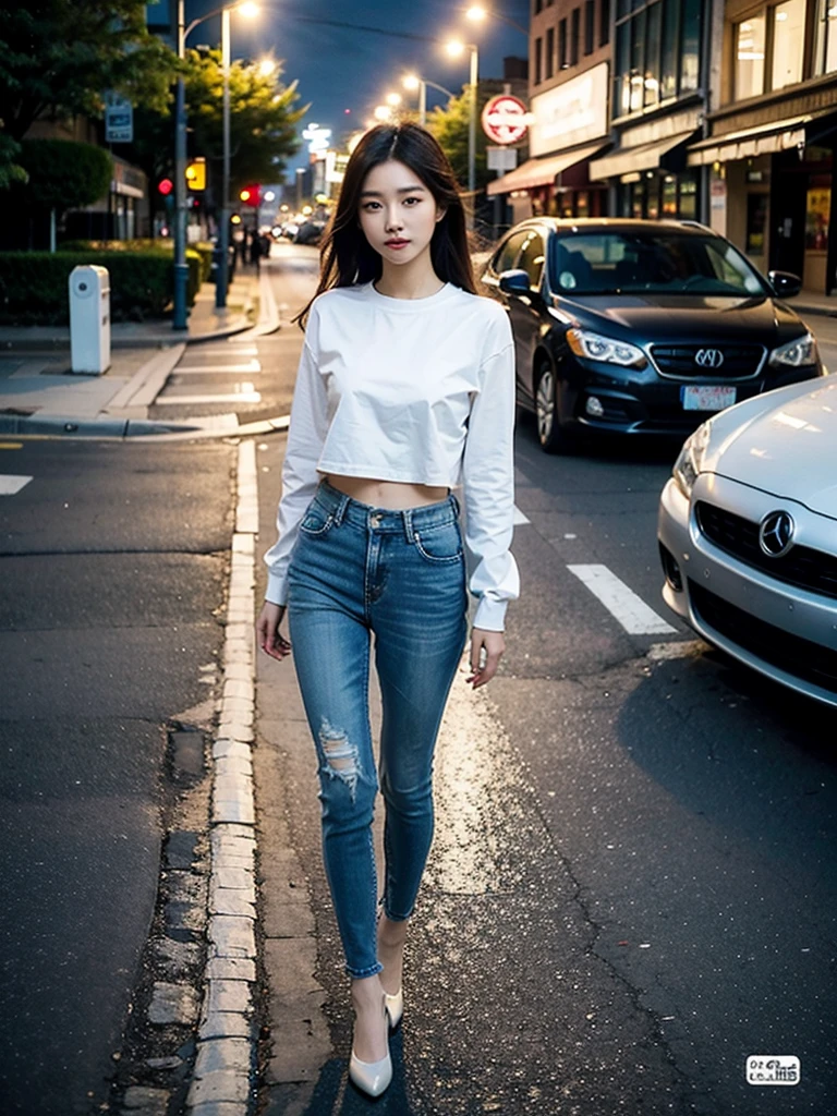 real photograph，tmasterpiece，araffed asian woman in white top and jeans standing on sidewalk, There are street lights on the streets，gorgeous korean young woman, beautiful Korean young women, beautiful Korean women, Korean girl, korean women's fashion model, taken with canon eos 5 d mark iv, Korean woman, A young Asian woman, Young Asian girl, heonhwa choe, jaeyeon nam, Young Asian woman,There are street lights in the back，There is light shining on the hair