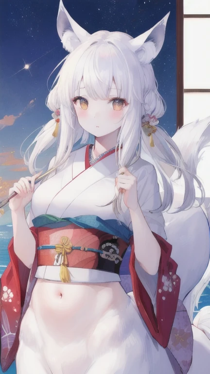 (best quality, masterpiece), 1 girl, centaur, It takes,White skin, Japanese , kimono, belly button t-shirt, 아름다운 소녀 perfect wolf photo, perfect wolf photo