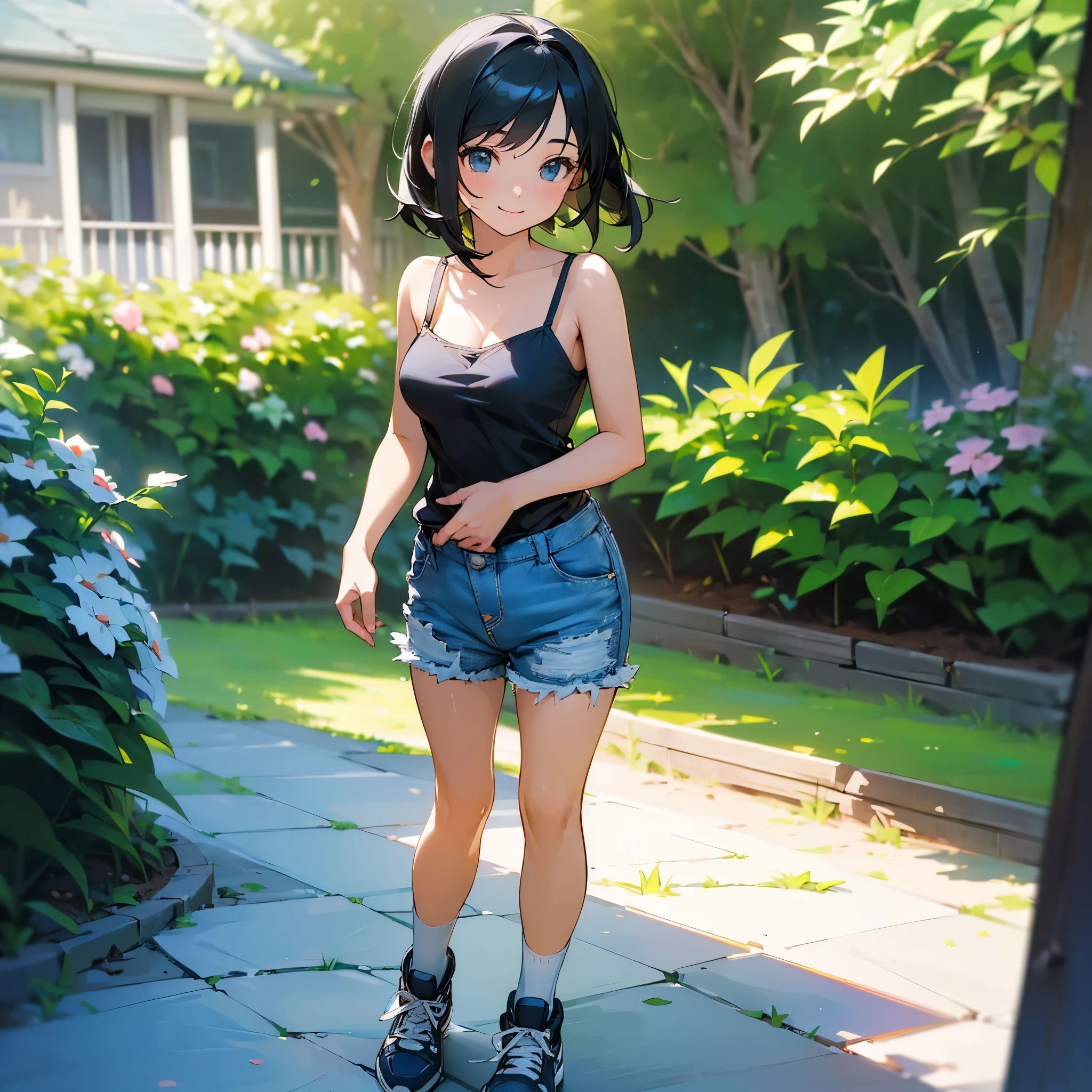 (high quality, High resolution, Very detailed, reality:1.37), Peaceful atmosphere, (Outdoor, garden), Teenage girl standing alone, (my breasts are big.), Beautiful details, Cute Smile, (Black bob hair), camisole, Denim shorts, Blue socks, sneakers.