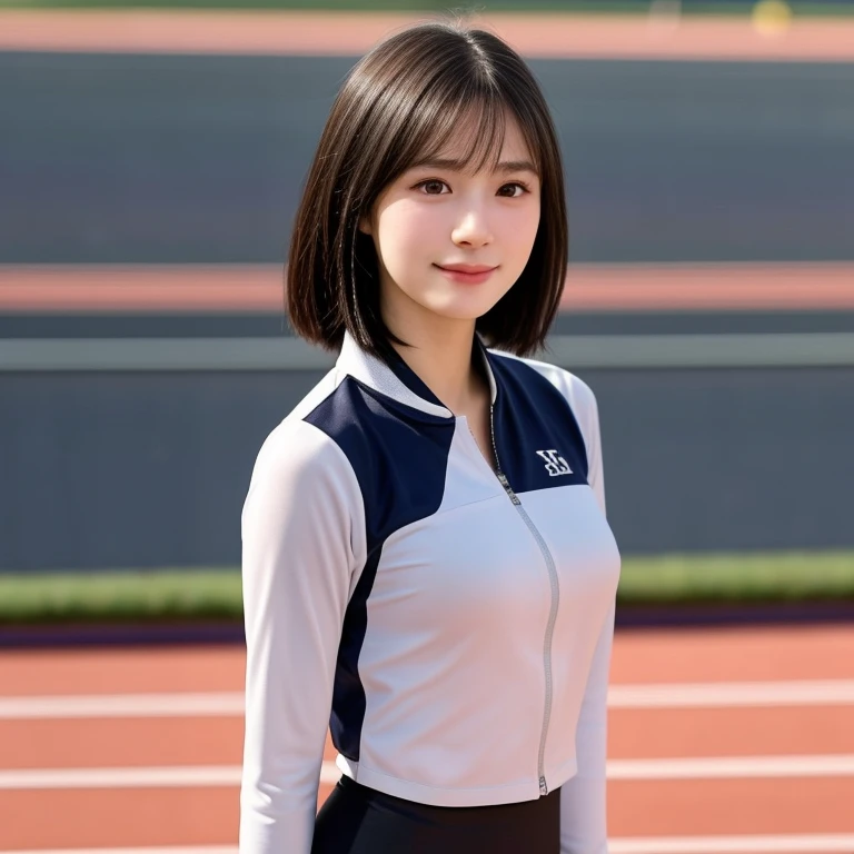 (kawaii 24 year-old Japanese girl, Nogizaka idol, Korean idol, track and field player), healthy female athlete body, (glossy black hair, very short hair, pixie cut, bangs:1.2), beautiful black eyes, rounded face, single eyelid, (no makeup:1.2), (soft smiling), (track jacket, sports leggins), extra small breasts, BREAK, (track and field stadium background, summer, sunny daytime:1.2), (dynamic angle, bust shot:1.2), BREAK, (masterpiece, best quality, photo realistic, official art:1.4), (UHD, 8K quality wallpaper, high resolution, raw photo, golden ratio:1.3), (shiny skin), professional lighting, physically based rendering, award winning, (highly detailed skin texture, extremely detailed face and eyes textures), Carl Zeiss 300 mm F/2.8, depth of field, (1girl, solo),