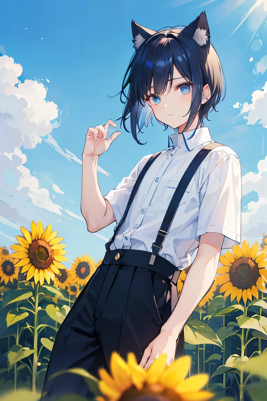 blue sky、Sunflower field、Blue-black short hair、Cat ear、White Shirt、suspenders、Black trousers、High school boys