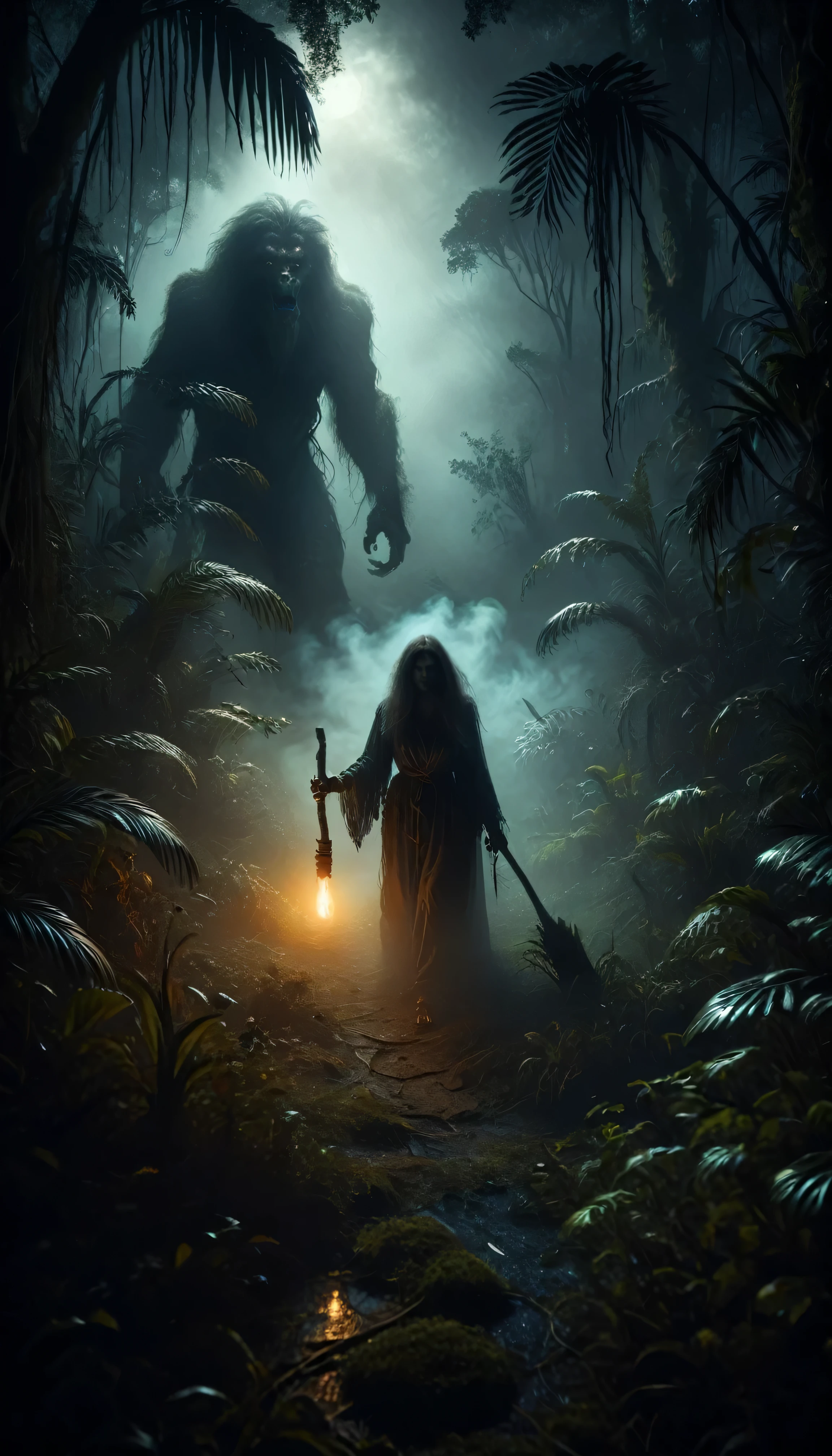 Enveloped in mist, old women holding a stick ((hunched body)) walking through the labyrinthine paths of the swamp, a giant hairy beast, devil's horn, waking behind her tropical forest, great lighting, torch light, bioluminescent, glowing, witch, voodoo subtle outlines, excellent composition, center frame