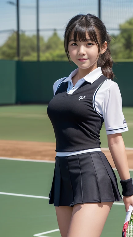 ((((whole body:1.3),1 girl, alone, Japanese Girls, girl、12 years old, (hig, Realistic, High resolution, 8k, Very detailed, Detailed face, Shiny skin), Black Hair, Tennis player uniforms,Miniskirt Uniform,shabby bangs, ponytail,smile,Flat boobs,whole bodyショット,The face is looking at the viewer,Perfect hands,Perfect Legs,Are standing,Tennis court,A dynamic pose