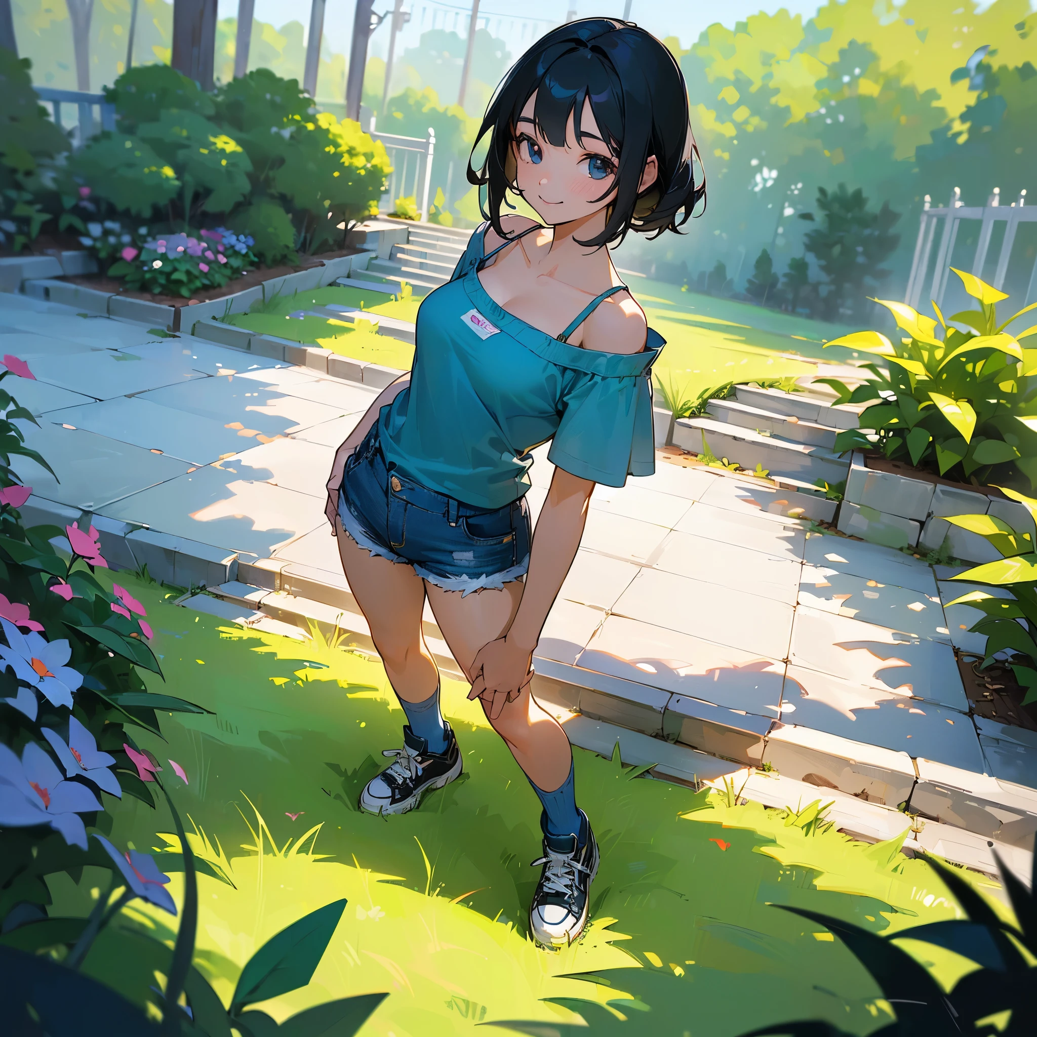 (high quality, High resolution, Very detailed, reality:1.37), Peaceful atmosphere, (Outdoor, garden), Teenage girl standing alone, (my breasts are big.), Beautiful details, Cute Smile, (Black bob hair), camisole, Denim shorts, Blue socks, sneakers.
