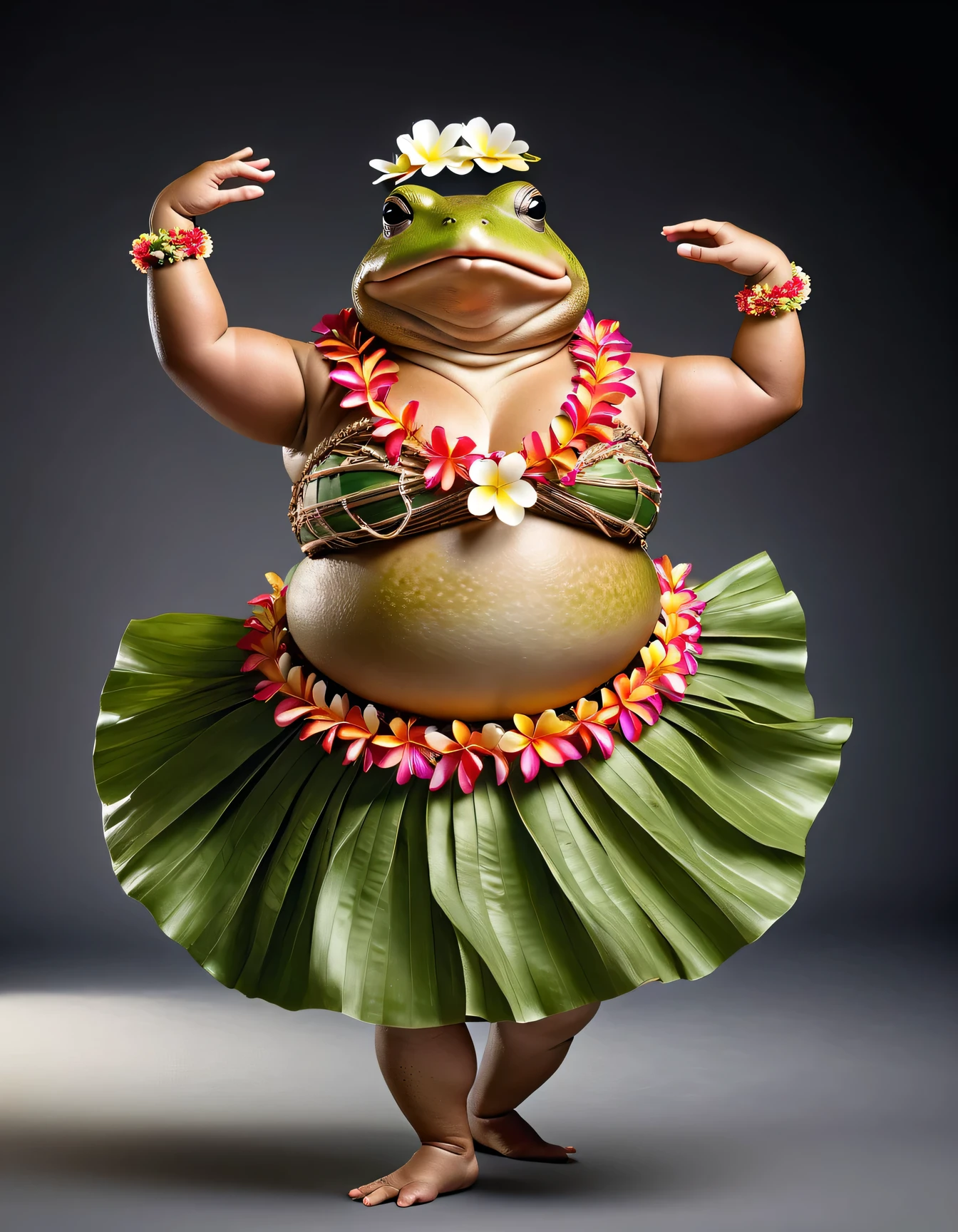 photorealistic portrait of Dressed animals - a ((fat)) toad hula dancer,(hula dancing:2.0), (swinging arms to the side :2.0),high quality,(lovely) ,intricate details, [natural toad skin texture], highly detailed ((female hula dance costume)) ,highly detailed decorations, wearing flower lei and (bikini), (happy), studio lighting,(full body image:1.5),simple background,(viewed from side:1.5)