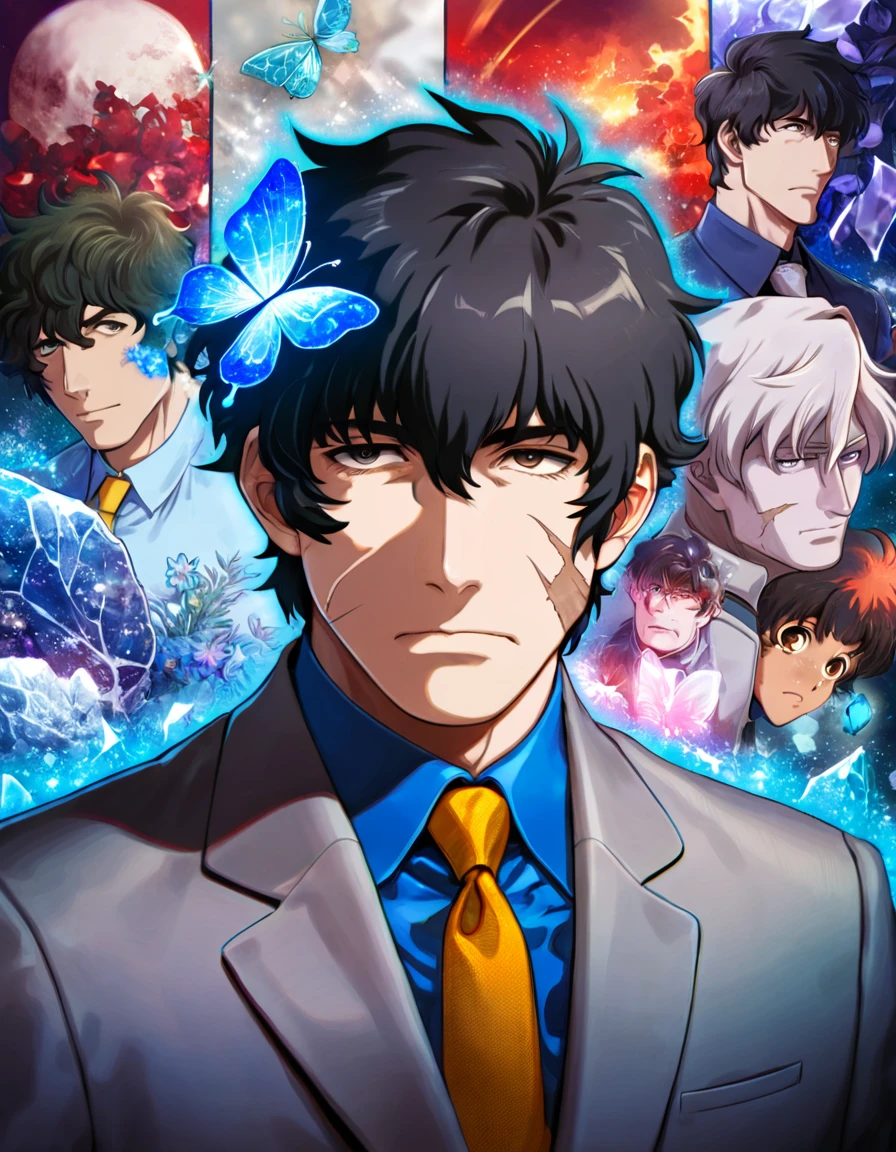 Ultra detailed, HDR, Highres, absurdres, master piece, Steven A. Starphase, black hair, expressive brown eyes, scar on his left cheek, Kekkai Sensen, blue glittering butterflies, petals, fantasy, blue flowers, sexy man, extremely detailed face and eyes, handsome, glittering, grey clothes, yellow necktie, blue shirt, blue flames, cross, radiant, ice,