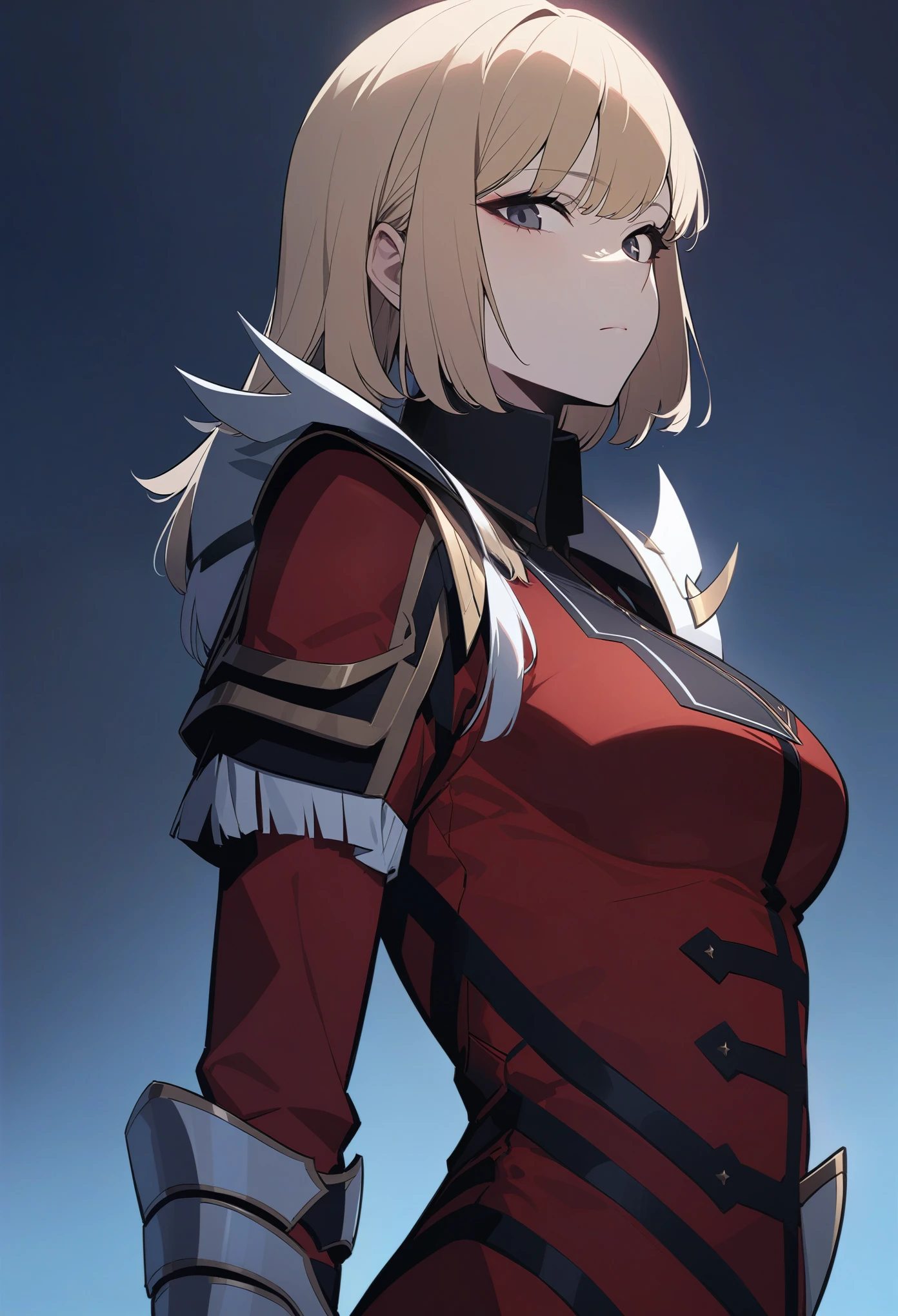 solo, 1girl, cha hae-in, expressionless, looking at viewer, blonde hair, red armor, black collar, shoulder armor, long sleeves, gauntlets, pelvic curtain, red leggings, masterpiece, best quality, rating: general, newest 