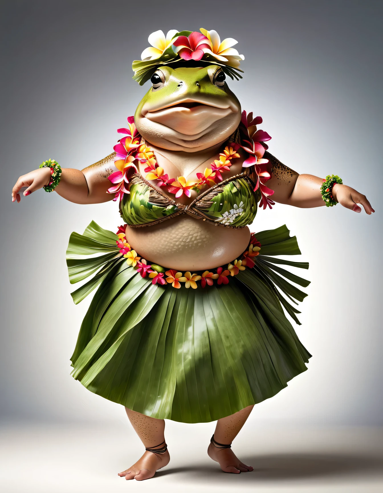 photorealistic portrait of Dressed animals - a ((fat)) toad hula dancer,(hula dancing:2.0), (swinging arms to the side :2.0),high quality,(lovely) ,intricate details, [natural toad skin texture], highly detailed ((female hula dance costume)) ,highly detailed decorations, wearing  (bikini) aloha shirts and flower lei , (happy), studio lighting,(full body image:1.5),simple background,(viewed from side:1.5)