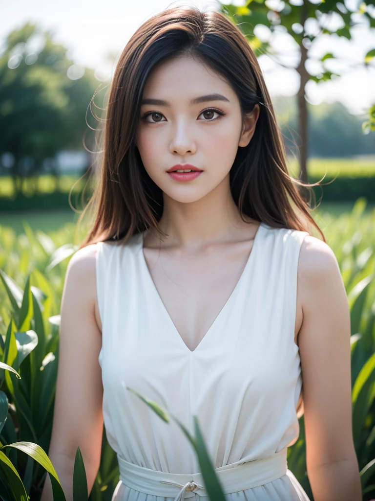 Beautiful portrait of a beautiful girl in Lily of the valley field, Science fiction、 hips up high、A detailed eye, Art Station, sharp focus, Photorealsitic, 35 mm, Ultra Detail, radiant light、Background bokeh、Taken from behind