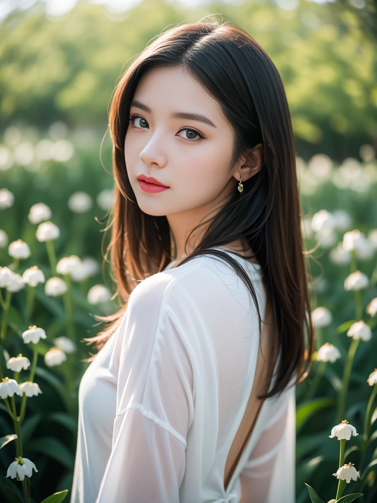 Beautiful portrait of a beautiful girl in Lily of the valley field, Science fiction、 hips up high、A detailed eye, Art Station, sharp focus, Photorealsitic, 35 mm, Ultra Detail, radiant light、Background bokeh、Taken from behind