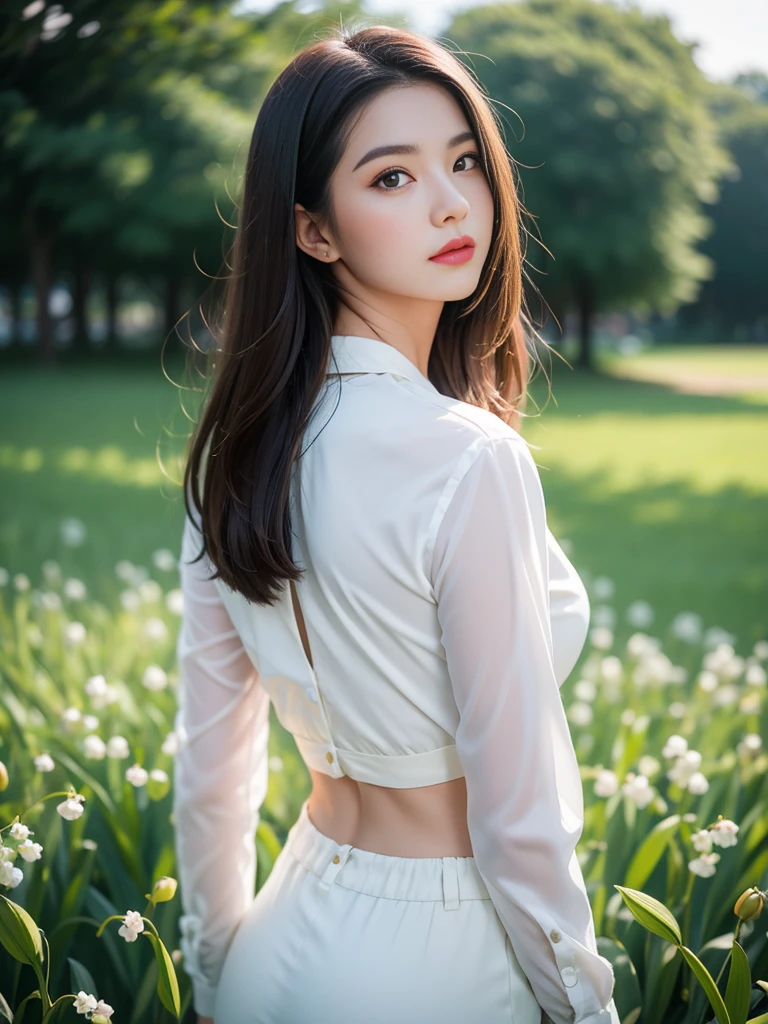 Beautiful portrait of a beautiful girl in Lily of the valley field, Science fiction、 hips up high、A detailed eye, Art Station, sharp focus, Photorealsitic, 35 mm, Ultra Detail, radiant light、Background bokeh、Taken from behind