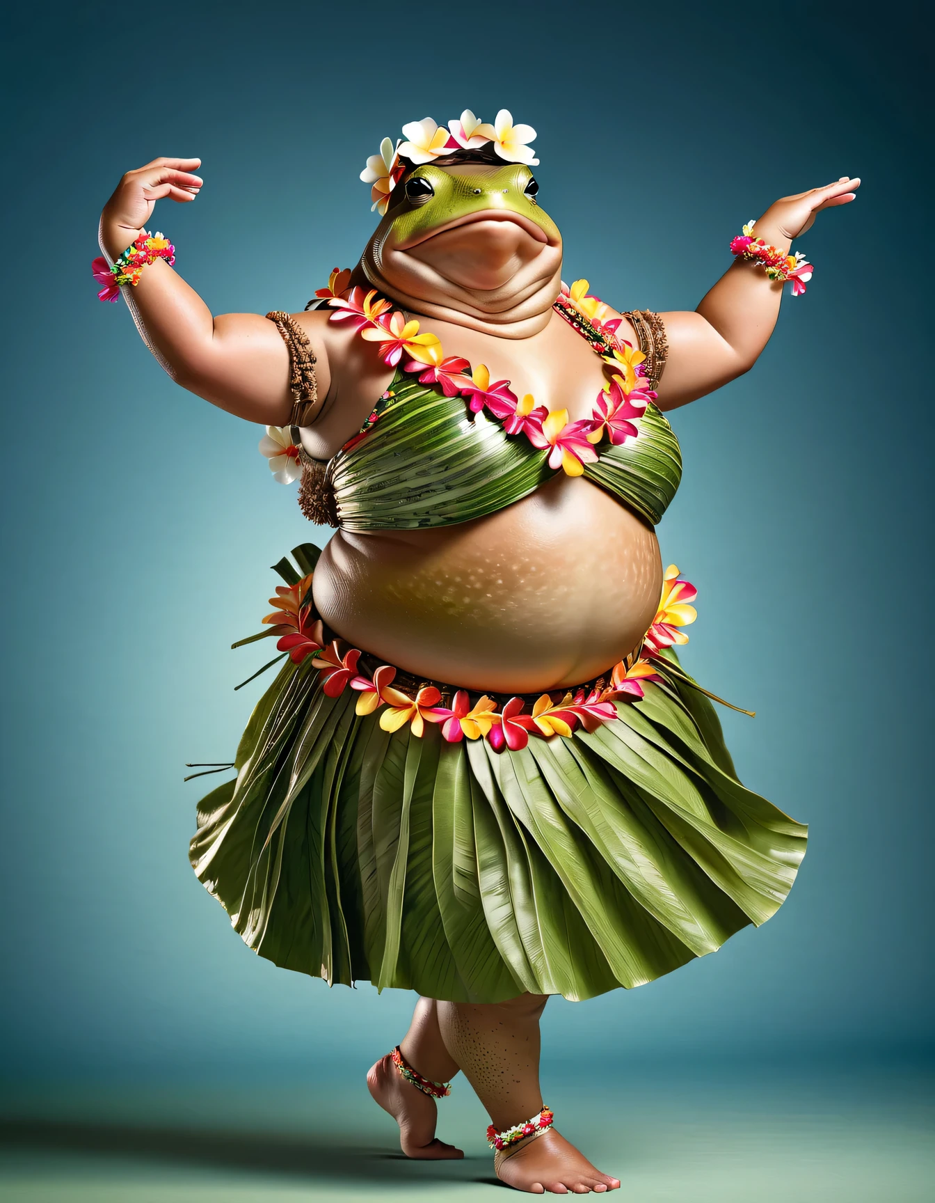 photorealistic portrait of Dressed animals - a ((fat)) toad hula dancer,(hula dancing:2.0), (swinging arms to the side :2.0),high quality,(lovely) ,intricate details, [natural toad skin texture], highly detailed ((female hula dance costume)) ,highly detailed decorations, wearing (bikini) aloha shirts and flower lei , (happy), studio lighting,(full body image:1.5),simple background,(viewed from side:1.5)