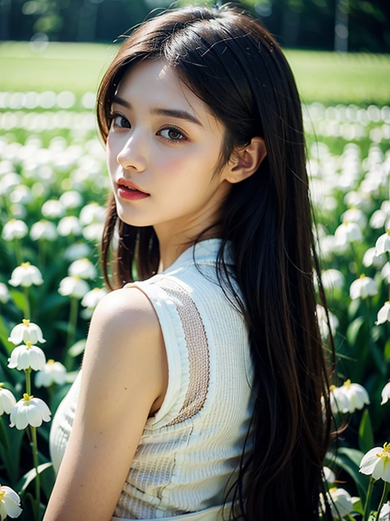 Beautiful portrait of a beautiful girl in Lily of the valley field, Science fiction、 hips up high、A detailed eye, Art Station, sharp focus, Photorealsitic, 35 mm, Ultra Detail, radiant light、Background bokeh、Taken from behind
