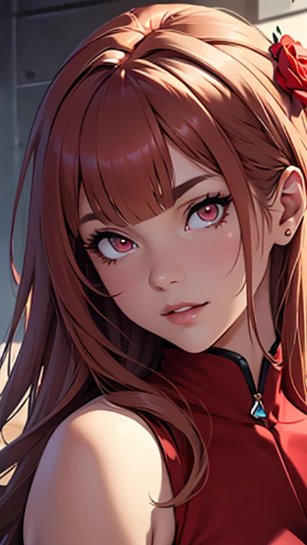 (masterpiece),(highest quality:1.0), (Ultra-high resolution:1.0), Detail view, 8k, anime, One girl, beautiful anime girl, Wearing a red dress, Flower Crown, Pretty face, Detailed face, Beautiful Eyes, Fine grain, Dark red eyes, Bright red lips, Red lipstick, Beautiful and stylish hair, Hair highlights, bangs anime style, highest quality, Vibrant