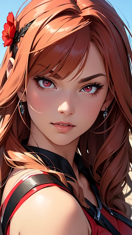 (masterpiece),(highest quality:1.0), (Ultra-high resolution:1.0), Detail view, 8k, anime, One girl, beautiful anime girl, Wearing a red dress, Flower Crown, Pretty face, Detailed face, Beautiful Eyes, Fine grain, Dark red eyes, Bright red lips, Red lipstick, Beautiful and stylish hair, Hair highlights, bangs anime style, highest quality, Vibrant