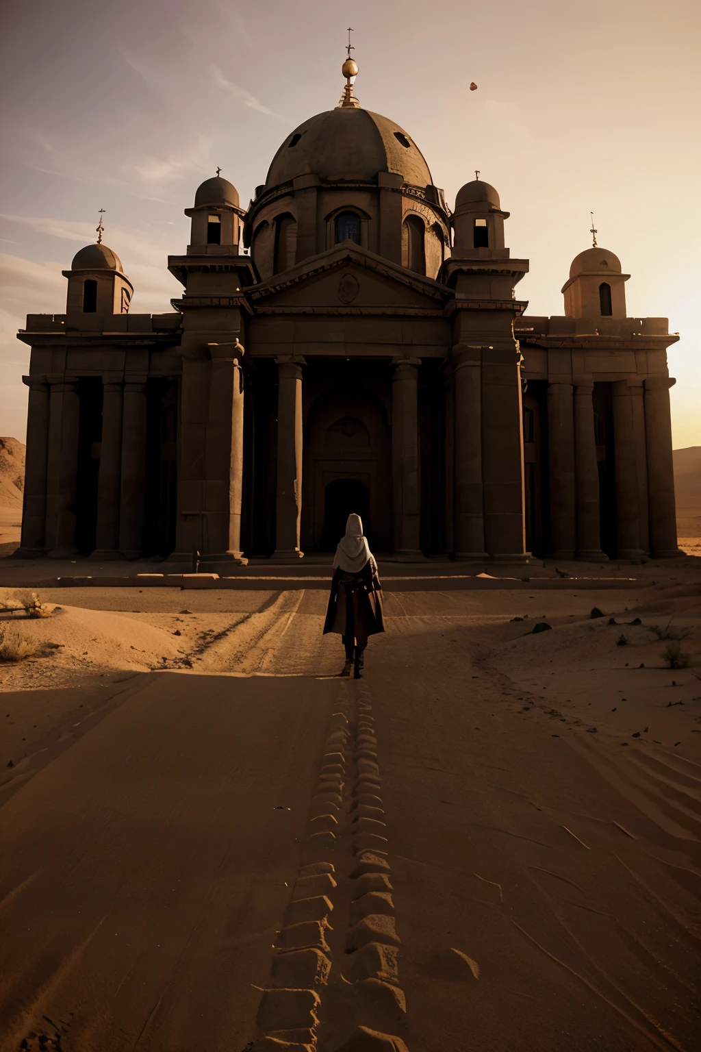 Create a detailed scenario of the Templar Fortress in Penance, an imposing structure situated in the heart of the Desert of Hopelessness. The fortress must reflect both the austerity and sanctity of the Templars, Being a beacon of hope in a desolate world.