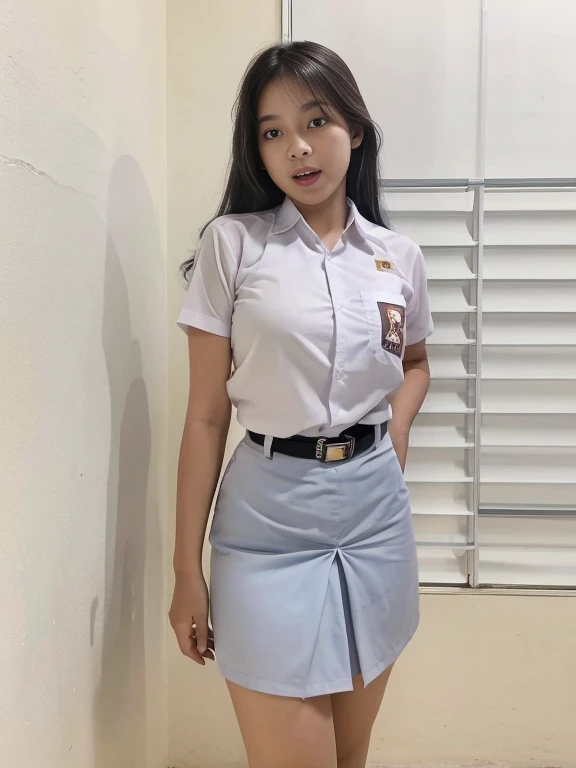 ((Best quality, Masterpiece, 8K)), 17 years old Indonesian girl. Wear Indonesian high . White shirt, gray skirt. Black belt. Beauty, half layered hair. Standing. Scream. Full body. White panties. Visible panties. View on camera