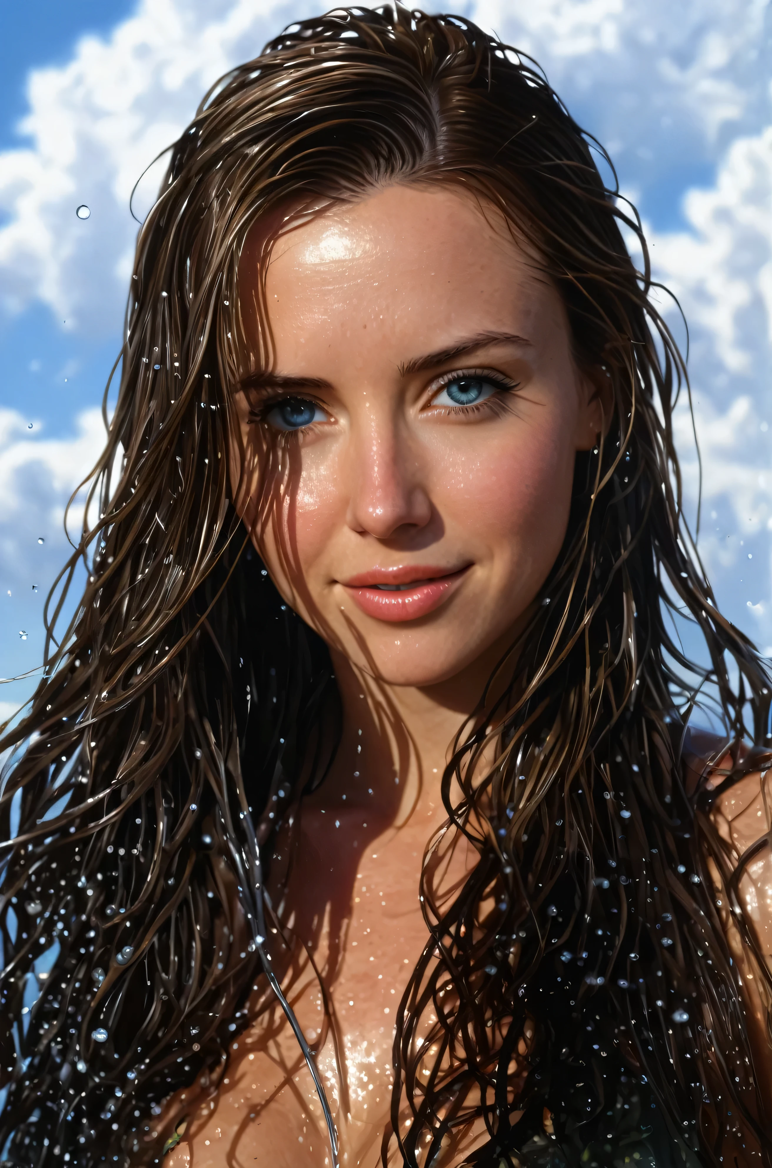 water, wet, splashing, liquid, sunny, day, blue sky, clouds, nature, natural setting, (character focus:1.1), sharp focus, realistic, highly detailed, ultra detailed, best quality, highest quality, realistic lighting, hyperdetailed, hyperrealism, greg rutkowski