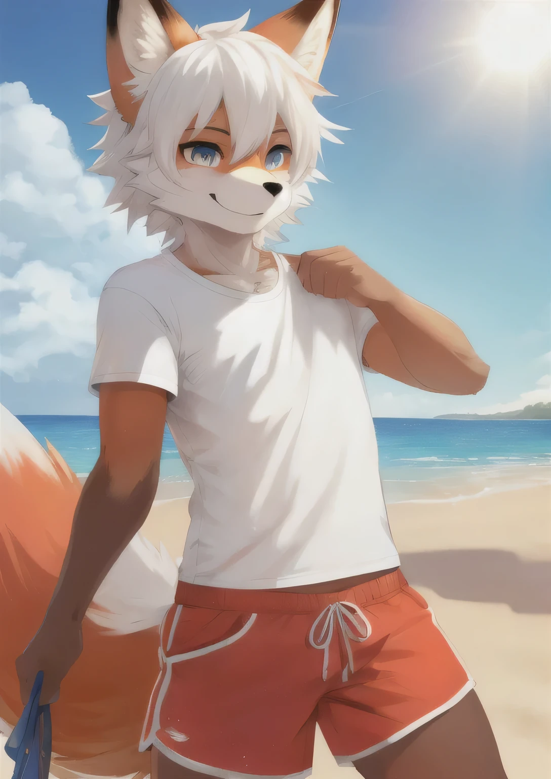 Adult Solo,beast fox, Short white hair, shorts, shirt, giggle,beachwear, Extreme details, masterpiece, Empty, High Detail, delicate eyes, Detailed hands, Full body pictures, Beach Background