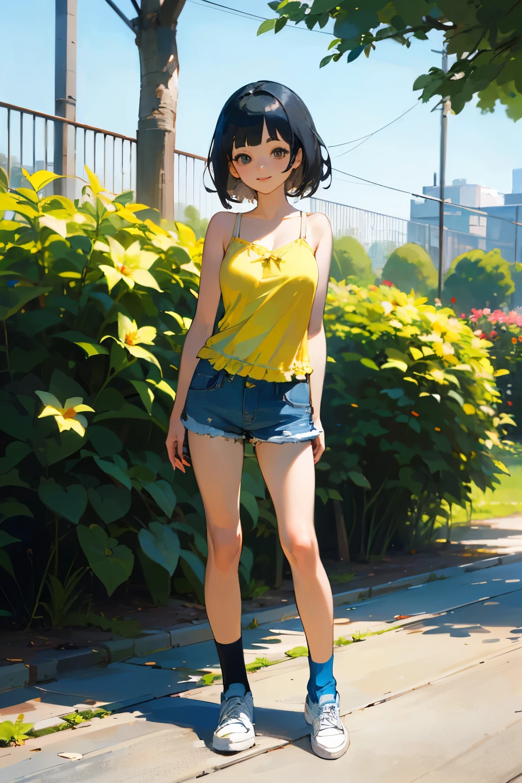(high quality, High resolution, Very detailed, reality:1.37), Peaceful atmosphere, (Outdoor, garden), age girl standing alone, (my breasts are big.), Beautiful details, Cute Smile, (Black bob hair), camisole, Denim shorts, Blue socks, sneakers.