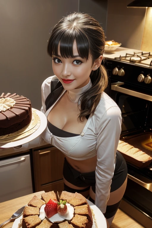 (dynamic angle:1.3, front view:1.1, breast focus:1.3, from above:1.1), (dynamic posing:1.2, sexy posing:1.2), (seductive smiling:1.3), ((looking at cake,Taking a cake out of the golden oven, worried about the outcome:1.2)),highest quality、(real、photorealistic:1.4),(ultra high resolution, 8K RAW photo, clear focus), best qualtiy, natural lighting, field depth, (Bright pupils, detailed beautiful eyes, high detailed face), Red lip, (tight focus:1.2), a girl 22yo old, Wearing a pastry chef uniform:1.3 , Thicc, thin breast, long hair, blue eyes,garter stocking, cleavage:1.2, midriff, black shorts, black thighhighs, thigh strap, pretty girl, (highly detailed beautiful face and eyes,firm breasts),real skin,((black,hair,long pony tail hair)),thin pubic hair,cute,lovely, detailed eyes,(double breasted:1.0,under bust:1.0),(with sparkling eyes and a contagious smile),open mouth, Looking at Viewer,A scene of cooking in the kitchen,looking at the golden oven