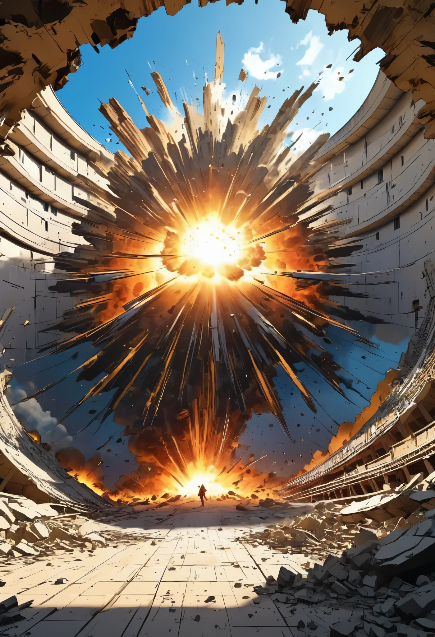 A big explosion inside the arena，A figure actually smashed the wall，Walk slowly，Follow the prestige，8K，complex，ellegance，highly  detailed，A majestic，Digital photography，surrealism painting， 