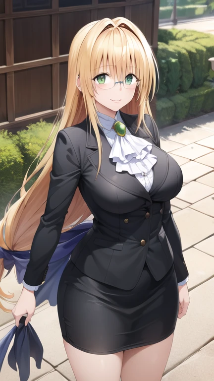 masterpiece, best quality, highres, Tearju Lunatique, very long hair, low-tied long hair, hair ribbon, green eyes, glasses, large breasts, white ascot, black jacket, long sleeves, black skirt, standing, cowboy shot, outdoors, smile