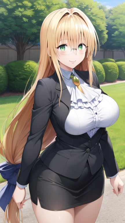 masterpiece, best quality, highres, Tearju Lunatique, very long hair, low-tied long hair, hair ribbon, green eyes, glasses, large breasts, white ascot, black jacket, long sleeves, black skirt, standing, cowboy shot, outdoors, smile