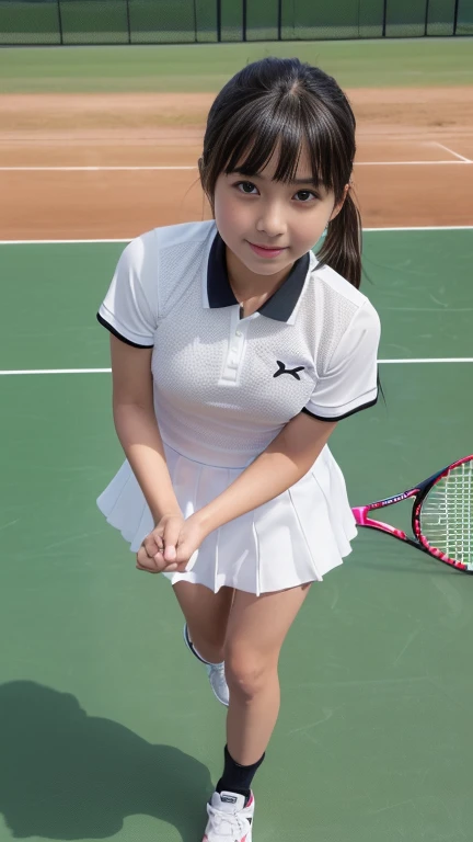 ((((whole body:1.3),1 girl, alone, Japanese Girls, girl、12 years old, (hig, Realistic, High resolution, 8k, Very detailed, Detailed face, Shiny skin), Black Hair, Tennis player uniforms,Miniskirt Uniform,shabby bangs, ponytail,smile,Flat boobs,whole bodyショット,The face is looking at the viewer,Perfect hands,Perfect Legs,Are standing,Tennis court,A dynamic pose