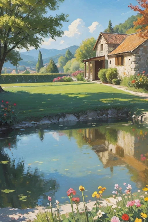 impressionist painting on canvas of Provence, in the style of impressionist masters, warm colors, delicate brushstrokes --ar 1:2 --stylize 750