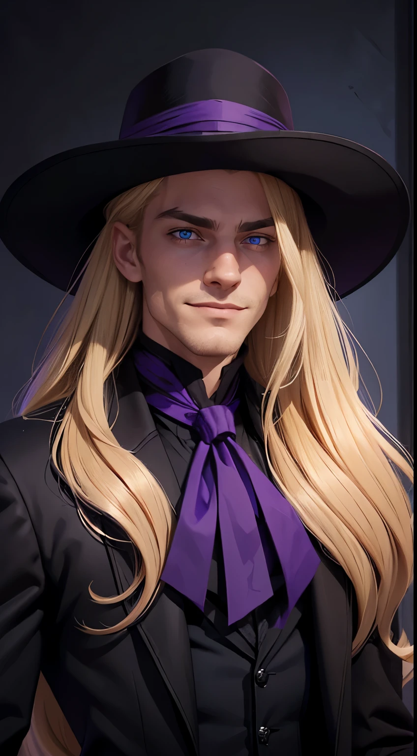 ((man)) (male), perfect face, evil smile, insane, crazy, Black coat, black suit, one young male, beautiful long hair, blond hair, blue eyes, purple victorian shirt, purple jabot, beautiful face, Pure blond straight hair, (long hair), Detailed hair, Blue Eyes, beautiful eyes