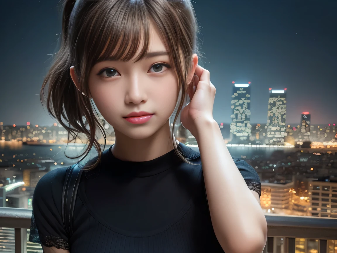 (masterpiece:1.3), High resolution, Super detailed, Highly detailed CG Unity 8k wallpaper, Realistic, photo-Realistic, RAW Photos, Beautifully detailed face, Detailed cloth texture, Detailed hair texture, Accurate, Anatomically correct, Highly detailed face and skin texture,
One Girl, cute、((Short ponytail))、 A shy smile, Brown Hair、Deep blue eyes、((Short sleeve lace top))、((Ultra mini skirt:1.2))、((Night cityscape:1.6))