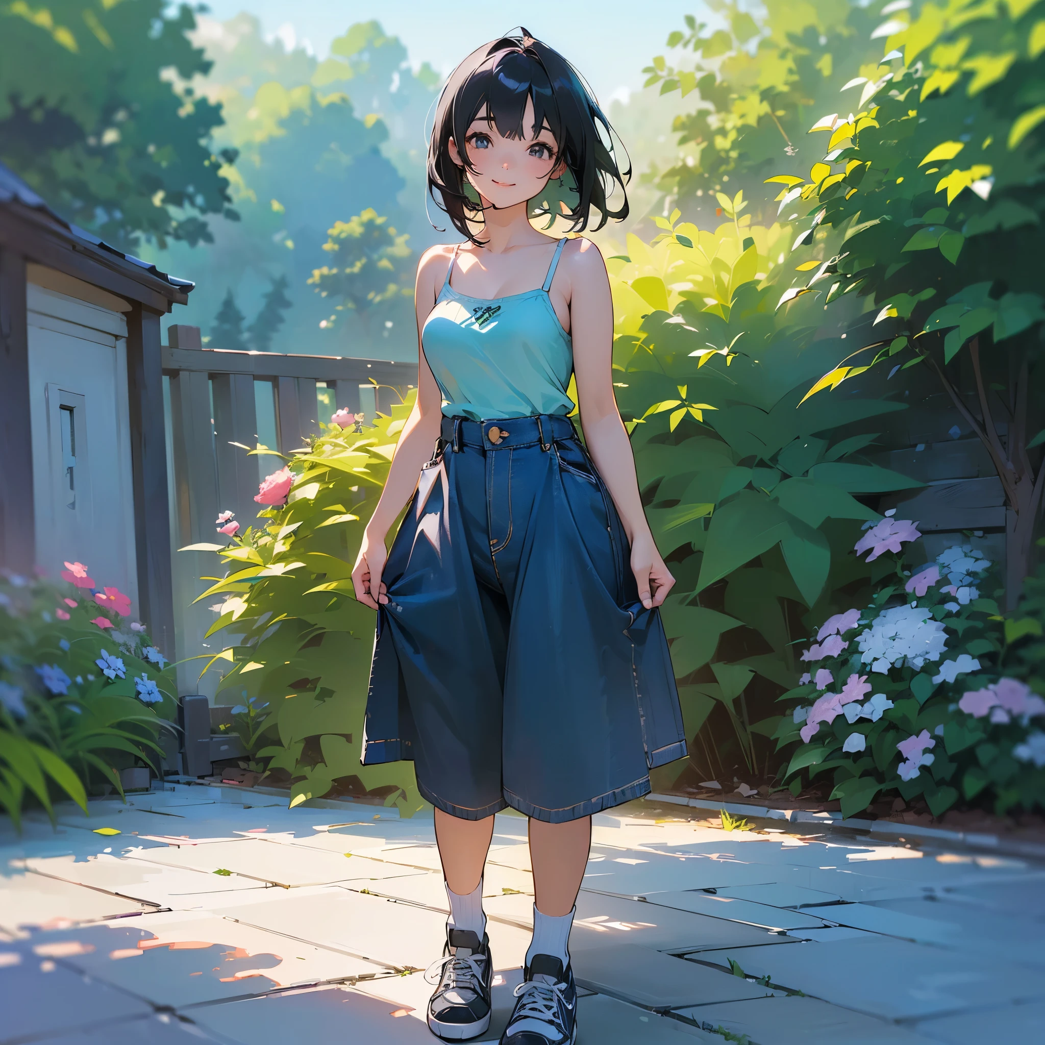 (high quality, High resolution, Very detailed, reality:1.37), Peaceful atmosphere, (Outdoor, garden),  girl standing alone, (my breasts are big.), Beautiful details, Cute Smile, (Black bob hair), camisole, Denim shorts, Blue socks, sneakers.