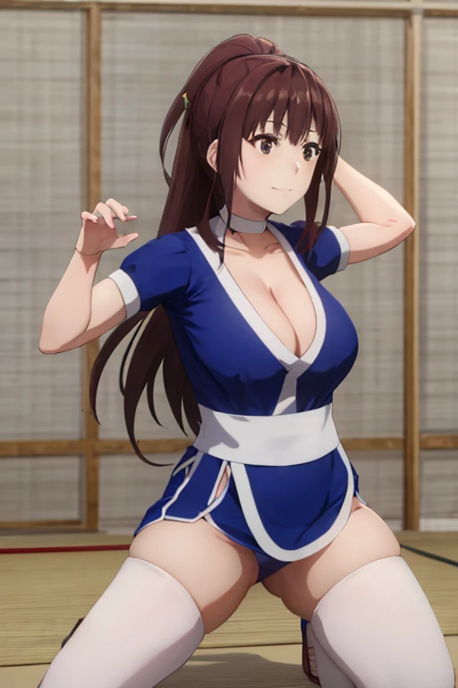 masterpiece, best quality, beautiful art, high resolution, well formed hands, body and fingers, 1 woman, solo, Megumin konosuba, adult, grown up, adult, big breasted, cleavage, full body, long hair, hair ornament, gorgeous legs and thighs, blue_kunoichi_dress, white stockings, sleeveless, she is fighting in a combat match at a martial arts tournament, she is getting ready to fight, making her guard pose, action and fighting scene, about to hit the viewer, looking at the viewer, sweating , feeling confident and proud, smiling joyfully and happily, charming her opponent with her beauty, fighting scene, martial arts tournament on the beach