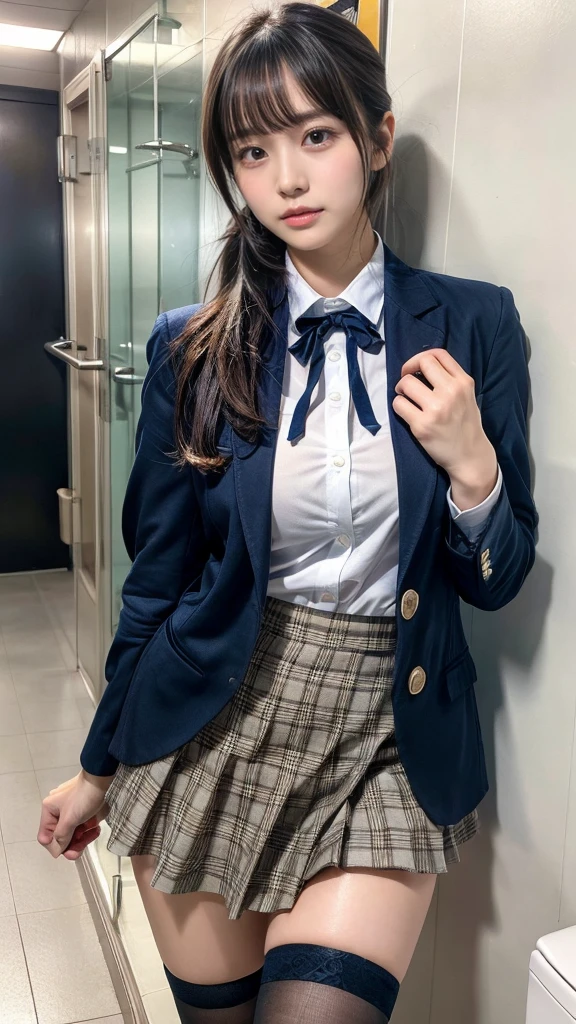 masterpiece, best quality, illustration, Super detailed, fine details, High resolution, 8K,wall paper, perfect dynamic composition,(Details High quality, realistic depiction of eyes:1.3), Men's restroom at school, Toilet urinals lined up、High school girl uniform、blazer 、Super Short Check Uniform Skirt、Navy blue high socks、garterbelts、Colossal tits、Disturbed uniform, ponytail, black hair color, large breasts, Big Natural Color Lip, bold sexy pose, (perfect body shape), crying a little、cold gaze, Harajuku style、20 year old girl、cute type, beautiful legs, hposing Gravure Idol, Voluptuous thighs