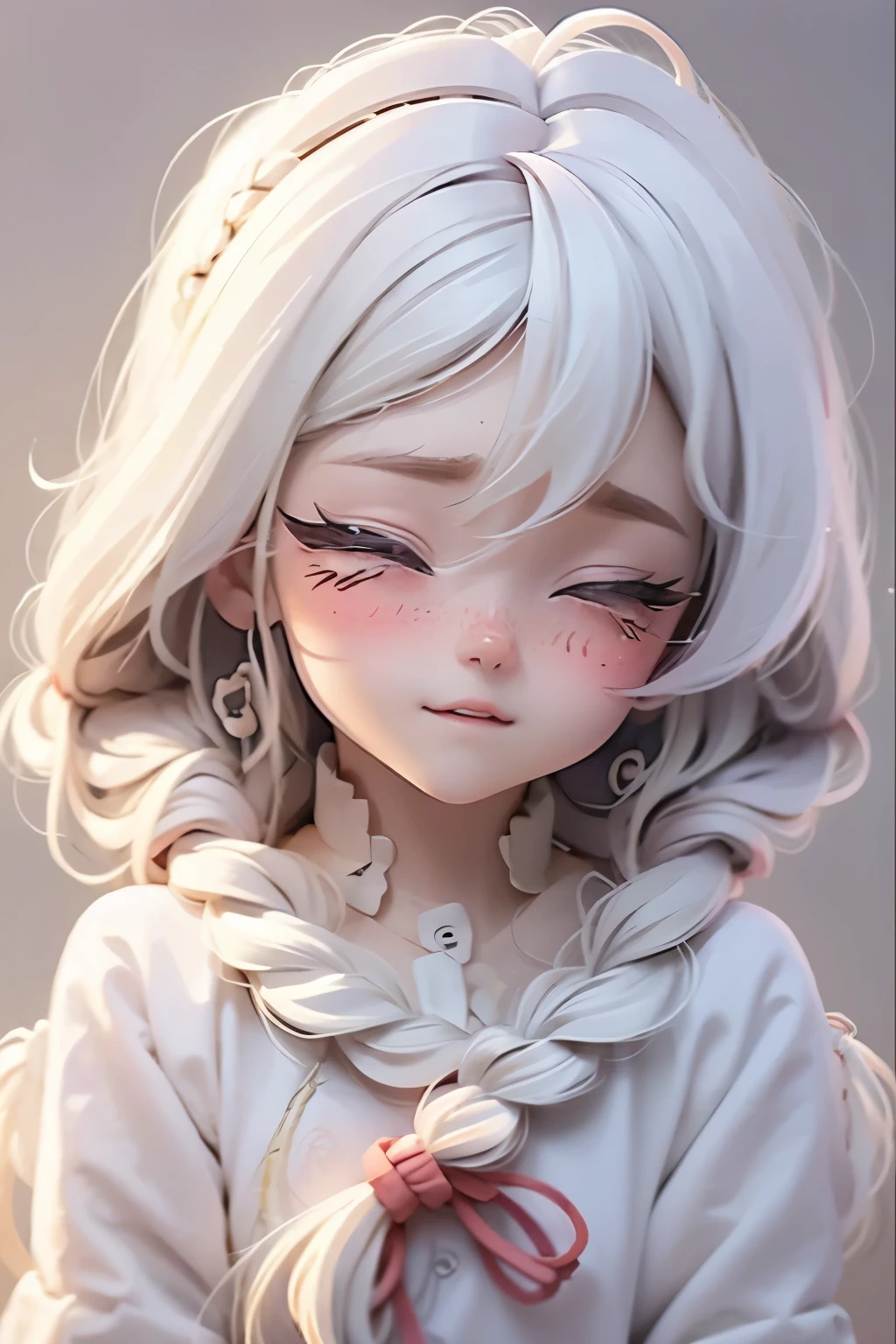 Lolli girl, braid hair, school, talking, anime drawing background, white hair, frontal portrait pose, face close, laghing, closed eyes with fear, he is looking foward directly to the camera, opened mounth