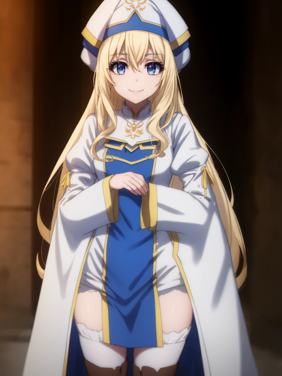 priestess, priestess, blonde hair, blue eyes, long hair, hair between eyes, (flat chest), smile,
BREAK boots, dress, frilled sleeves, frills, hat, white headwear, pelvic curtain, high heels, robe, thigh boots, thighhighs, white thighhighs, long sleeves, puffy sleeves,
BREAK indoors, church,
BREAK looking at viewer, (cowboy shot:1.5),
BREAK (masterpiece:1.2), best quality, high resolution, unity 8k wallpaper, (illustration:0.8), (beautiful detailed eyes:1.6), extremely detailed face, perfect lighting, extremely detailed CG, (perfect hands, perfect anatomy),