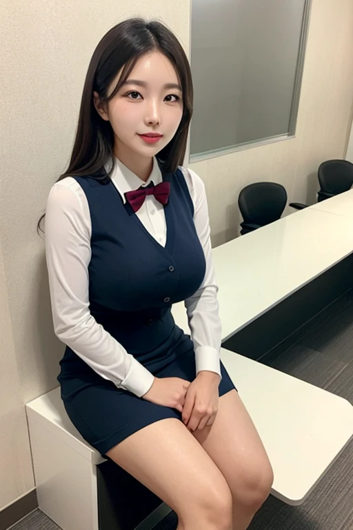 1 korean lady solo, sitting, (looking up) (from above), office worker, ((navy vest:1.1) over white dress shirt), mature female, /(dark brown hair/), kind smile, (masterpiece best quality:1.2) delicate illustration ultra-detailed, large breasts, bowtie BREAK (modern office) indoors, (reception desk), (stylish company logo on wall) , detailed background