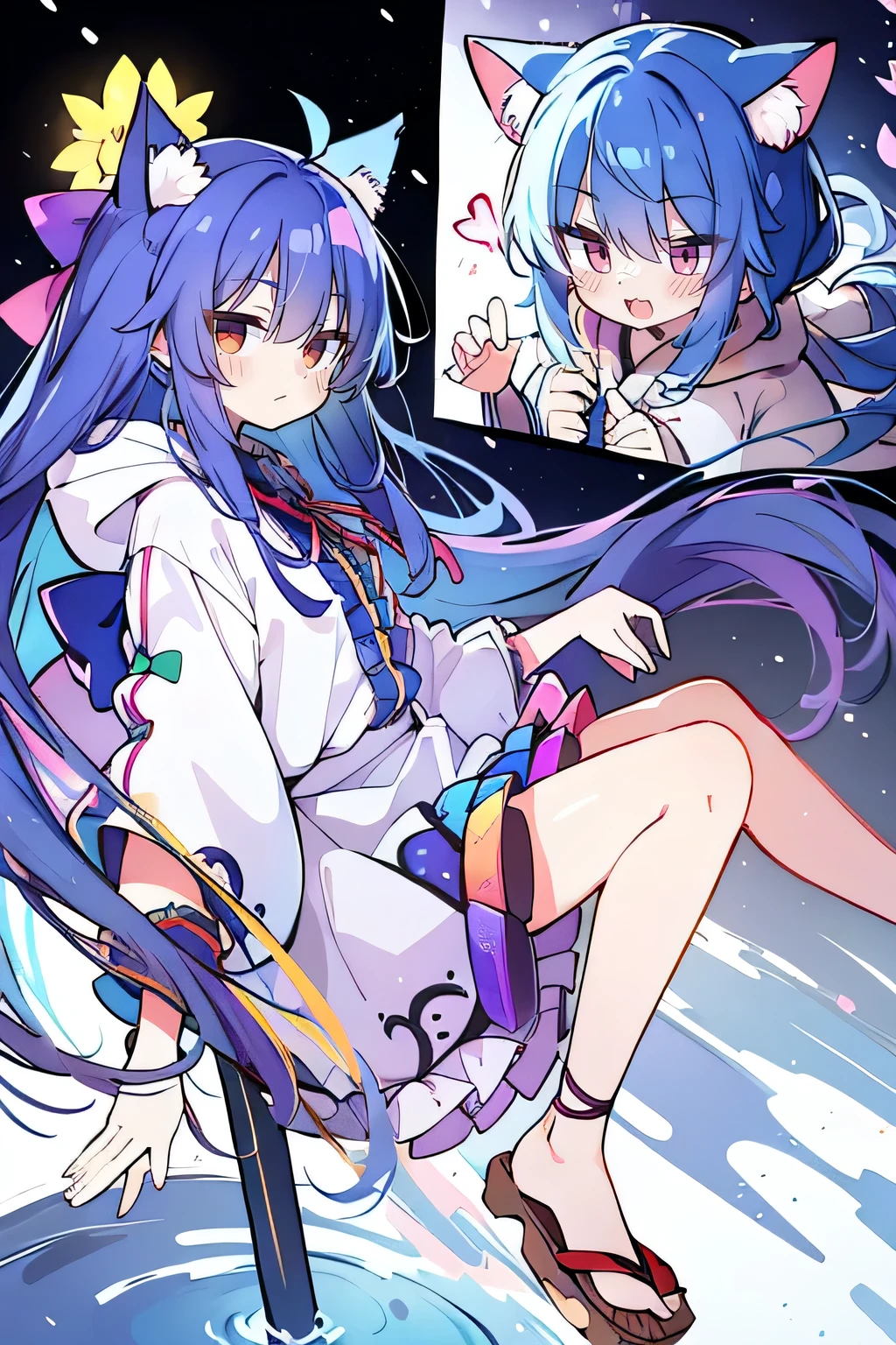 (masterpiece:1.2),Super detailed,lifelike,Expressive eyes,fair skin,perfect face shape,1 girl,
Japanese comics,Gorgeous blue hair,flowing blue hair,flowing clothes,Cat ears,Petals fall,beautiful lola,Baby Angel,
Shaking head with one hand,Cross your legs,Gentle and peaceful background,The pavilion is cool and comfortable,smile, wearing hoodie, background of tokyo,back views,snowing, winter,lie on the water.