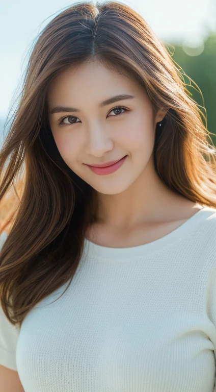 Brown haired woman, 30 years old、welcome、bloom、Lens flare、(8k、to be born、Professional、highest quality、masterpiece:1.2)、(Realistic、Realistic:1.37)、Super detailed、(Highest Detail Skin:1.2)、(Ultimate detailed face:1.2)、Cinema Lighting、1 female、Japanese、Brown Short Cut、(the wind is strong)、Warm White Light、A shy smile、Photographed from the front、((highest quality、8k、masterpiece:1.3))、Beautiful woman with perfect figure:1.4、、((Dark brown hair、Huge tits:1.2))、Highly detailed face and skin texture、Fine grain、double eyelid、Huge 、gender Wearing a plain white cotton T-shirt Beach Hawaii whole photo