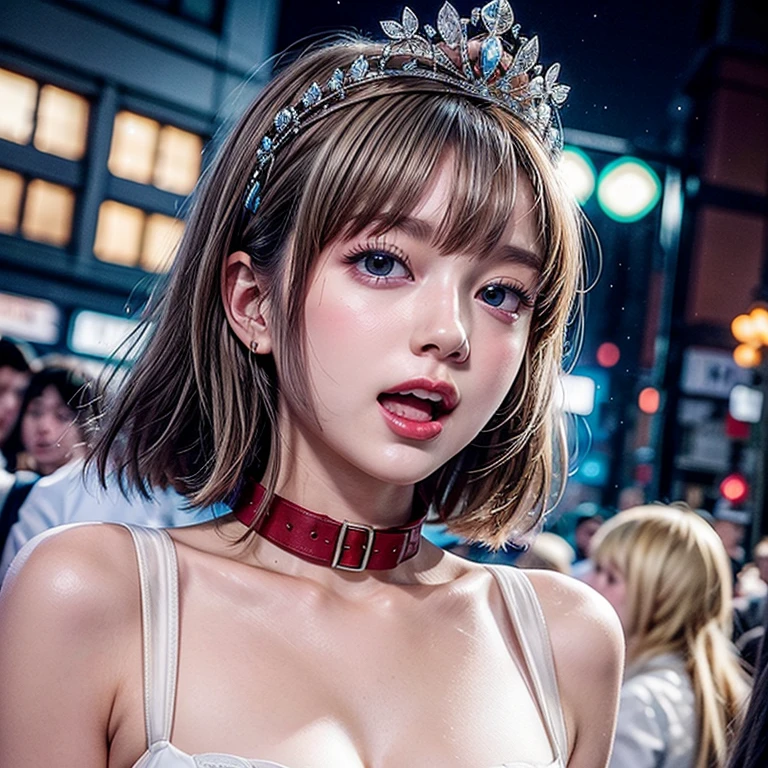 masterpiece of professional Analog photo, realistic and photorealistic with touch of rawness, (a close-up portrait of a tiny princess wearing white thongs on a city street), Dusk violet Sky, intricate lighting effects with light particles, (many colorful lights dazzling bokeh), Traffic lights, a crowd of fashionable street girls in the background, { Childish | Gigantic Cleavage }, (((NOGIZAKA))) Extremely Detailed very KAWAII face variation, perfect anatomy, captivating gaze, elaborate detailed Eyes with (sparkling highlights:1.2), long eyelashes、Glossy RED Lips with beautiful details, Coquettish tongue, Rosy cheeks . (Dynamic joyful expressions), { pleasure in agony | Ecstasy | :D | screaming | Perplexed }, Mystic sight . hair and eye color is same color, { Red leather high collar | Red ribbon }, from diagonally angle. short bob, Tiny princess tiara .
