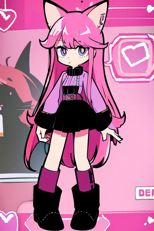 Cat Girl,pink ears cat in head pink hair long Black jacket leather with leather boots,full body