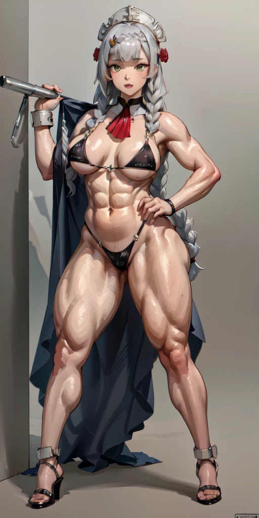 (full body shot, masterpiece, best_quality, plain background, ultra-detailed, immaculate:1.2)
m1tsuk1, solo, red eyes, long white silver braids, female focus, happy close mouth reed cheeks, looking at viewer, bikini, heels, standing, hand on hip,