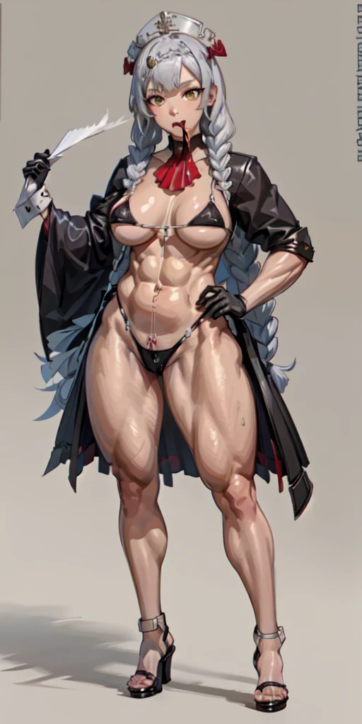 (full body shot, masterpiece, best_quality, plain background, ultra-detailed, immaculate:1.2)
m1tsuk1, solo, red eyes, long white silver braids, female focus, happy close mouth reed cheeks, looking at viewer, bikini, heels, standing, hand on hip,